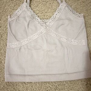 Lace Trim Ribbed Crop Top - Cream